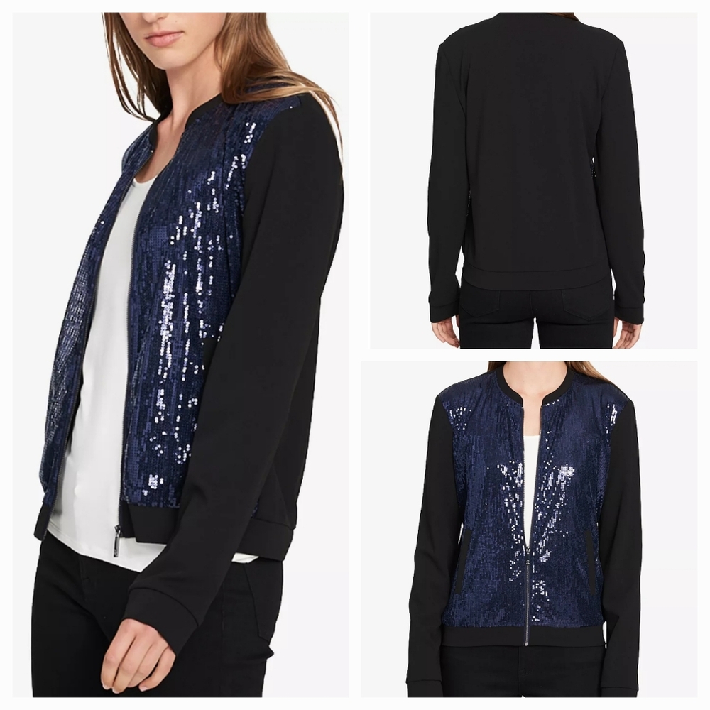 Tommy Hilfiger Women's Size XXL Blue Black Sequin Full Zip Up Bomber Jacket